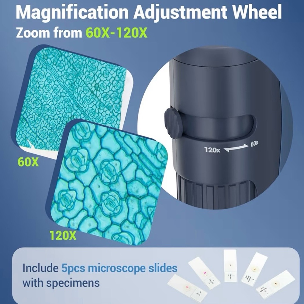 Pocket Microscope 60X-120X‎ LED Handheld Kids Science Mini Microscope w/ Slides - Picture 5 of 12